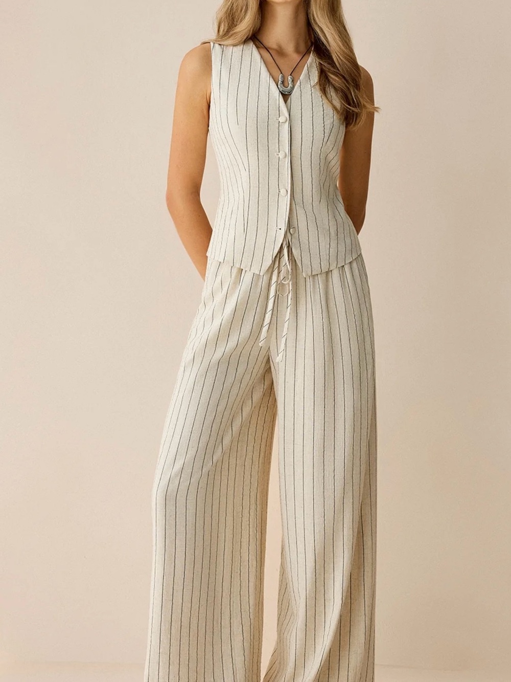Commense Striped Sleeveless Vest and Pants Set - Medium